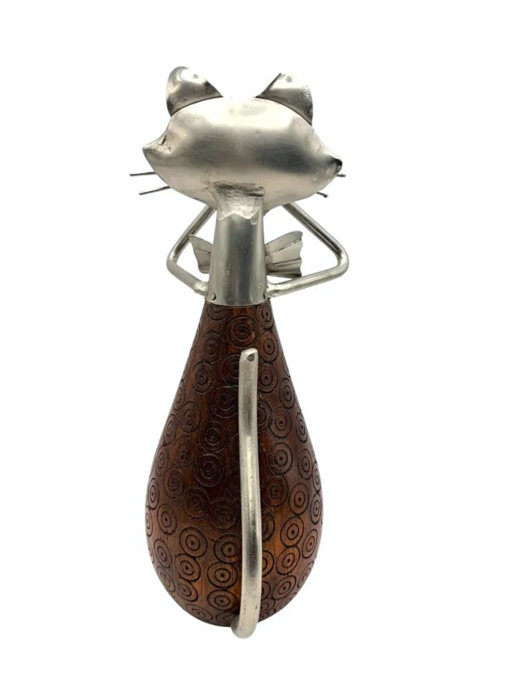 Pier 1 Carved Wood & Metal Cat Figurine Playing Trumpet Horn Sculpture 10